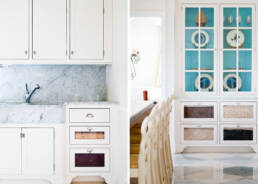 two pictures of a kitchen with white cabinets and marble counter tops.