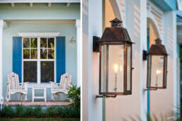 two pictures of lanterns on the porch of a house.