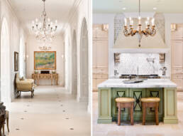 two pictures of a hallway with a chandelier and a kitchen.